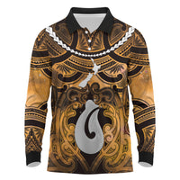 Personalised Maori Matariki Hei Matau Kowhai Long Sleeve Polo Shirt Maori Kowhaiwhai Pattern Galaxy LT01 Yellow - Polynesian Pride