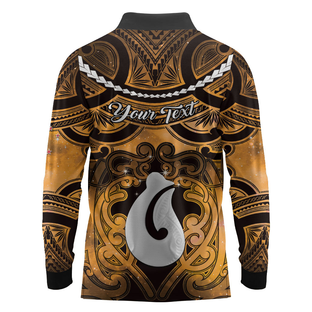 Personalised Maori Matariki Hei Matau Kowhai Long Sleeve Polo Shirt Maori Kowhaiwhai Pattern Galaxy LT01 - Polynesian Pride