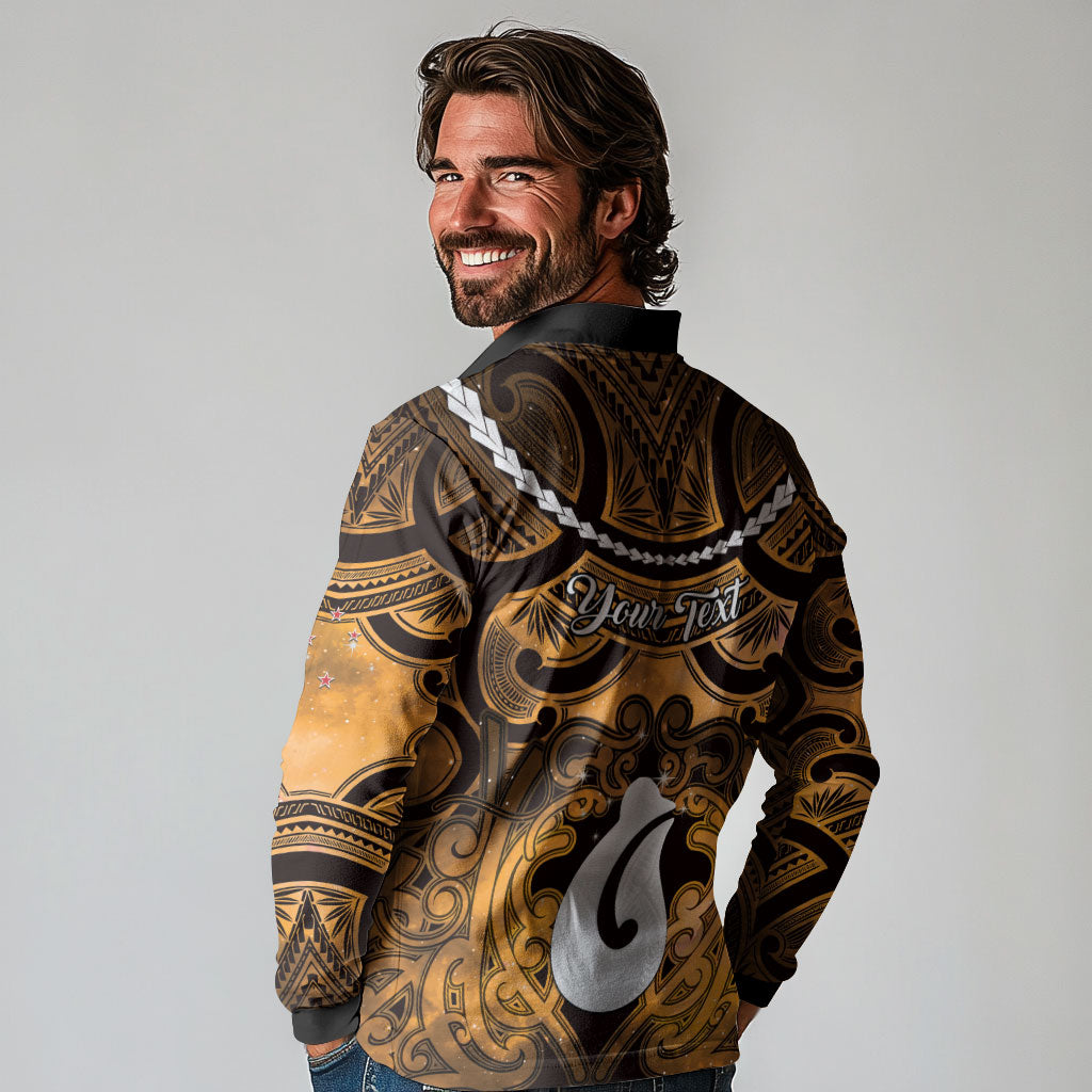 Personalised Maori Matariki Hei Matau Kowhai Long Sleeve Polo Shirt Maori Kowhaiwhai Pattern Galaxy LT01 - Polynesian Pride
