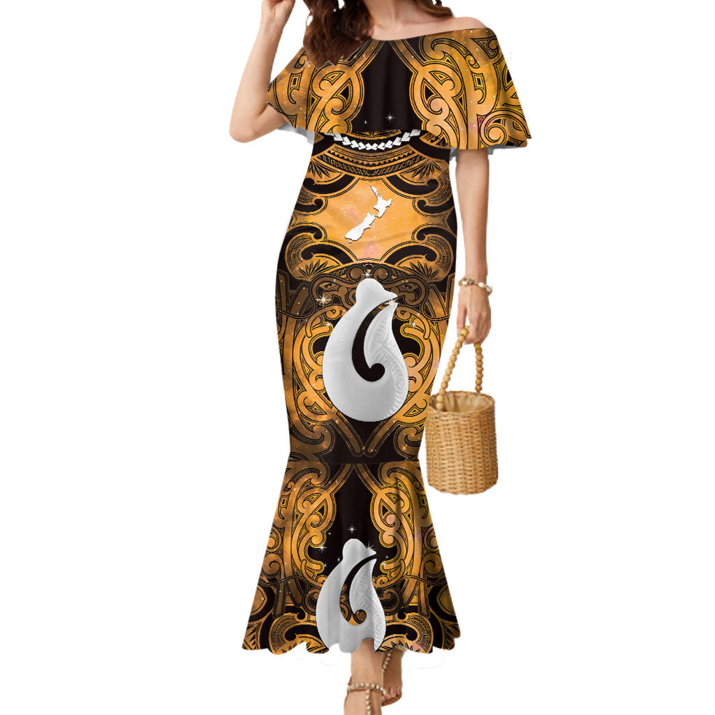 Personalised Maori Matariki Hei Matau Kowhai Mermaid Dress Maori Kowhaiwhai Pattern Galaxy LT01 Women Yellow - Polynesian Pride