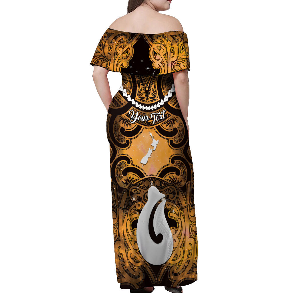 Personalised Maori Matariki Hei Matau Kowhai Off Shoulder Maxi Dress Maori Kowhaiwhai Pattern Galaxy