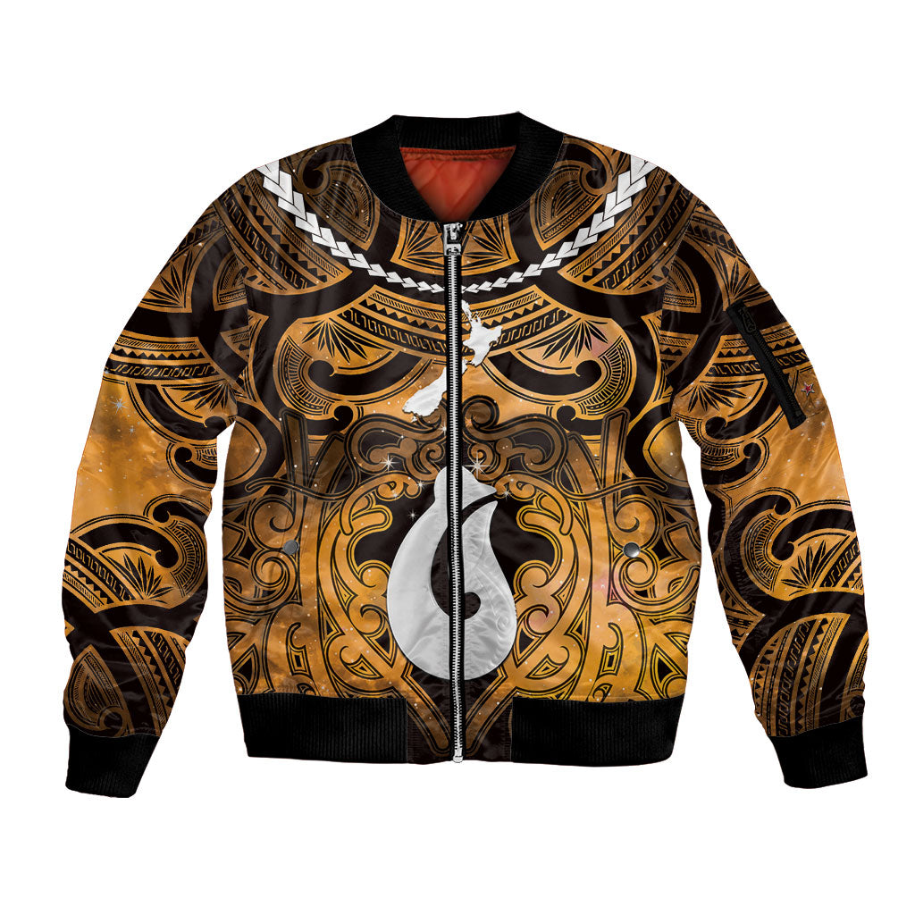 Personalised Maori Matariki Hei Matau Kowhai Sleeve Zip Bomber Jacket Maori Kowhaiwhai Pattern Galaxy LT01 Unisex Yellow - Polynesian Pride