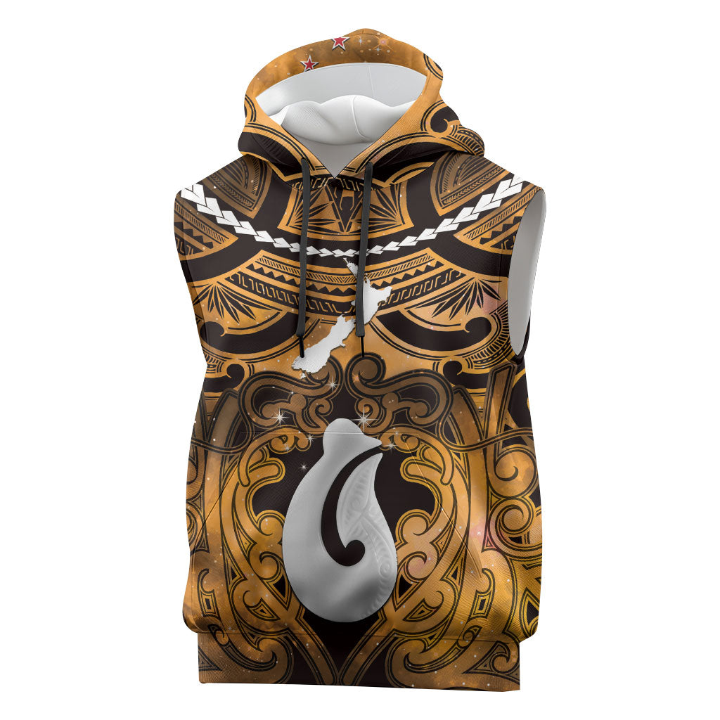 Personalised Maori Matariki Hei Matau Kowhai Sleeveless Hoodie Maori Kowhaiwhai Pattern Galaxy LT01 Yellow - Polynesian Pride