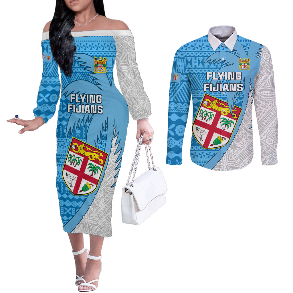 Fiji Rugby Couples Matching Off The Shoulder Long Sleeve Dress and Long Sleeve Button Shirts Come On Fijian Tapa Pattern LT01 Blue - Polynesian Pride
