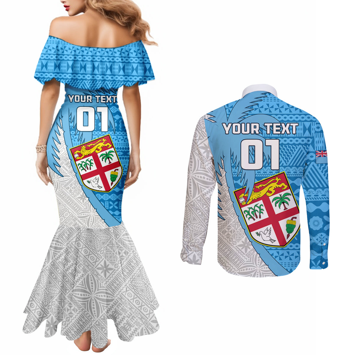 Custom Fiji Rugby Couples Matching Mermaid Dress and Long Sleeve Button Shirts Come On Fijian Tapa Pattern LT01 - Polynesian Pride