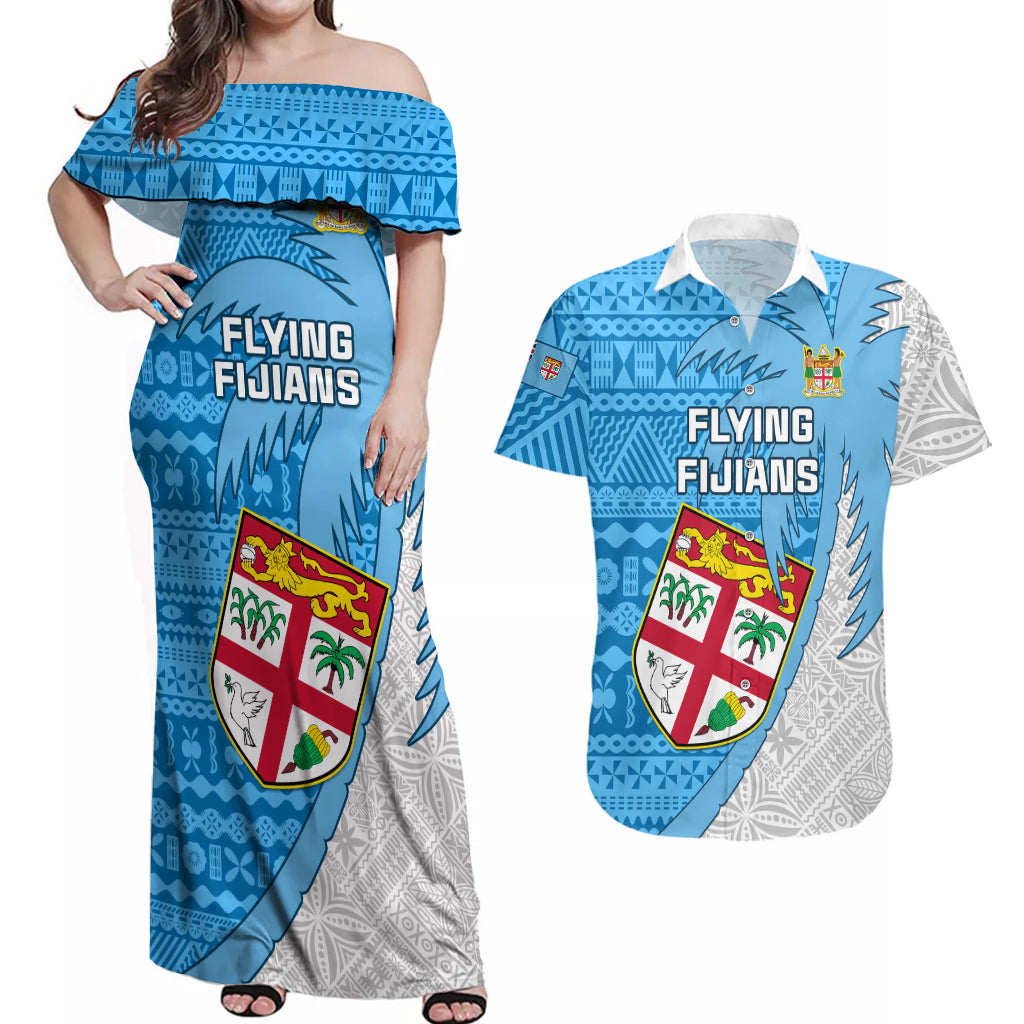 Custom Fiji Rugby Couples Matching Off Shoulder Maxi Dress and Hawaiian Shirt Come On Fijian Tapa Pattern LT01 Blue - Polynesian Pride