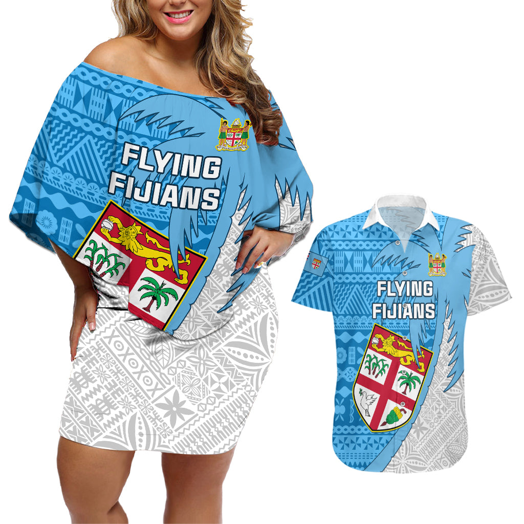 Custom Fiji Rugby Couples Matching Off Shoulder Short Dress and Hawaiian Shirt Come On Fijian Tapa Pattern LT01 Blue - Polynesian Pride