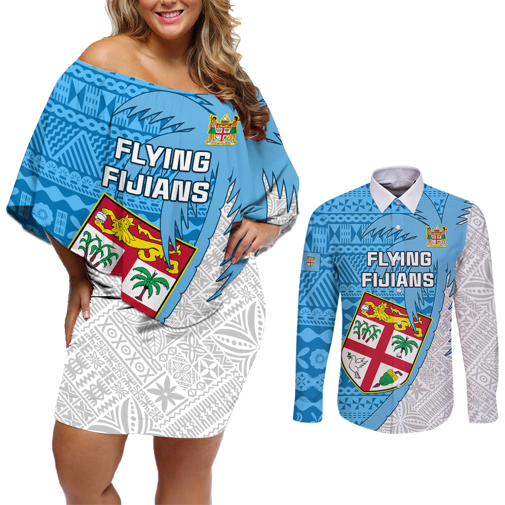 Custom Fiji Rugby Couples Matching Off Shoulder Short Dress and Long Sleeve Button Shirts Come On Fijian Tapa Pattern LT01 Blue - Polynesian Pride