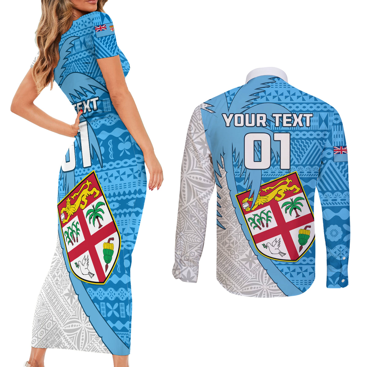 Custom Fiji Rugby Couples Matching Short Sleeve Bodycon Dress and Long Sleeve Button Shirts Come On Fijian Tapa Pattern LT01 - Polynesian Pride