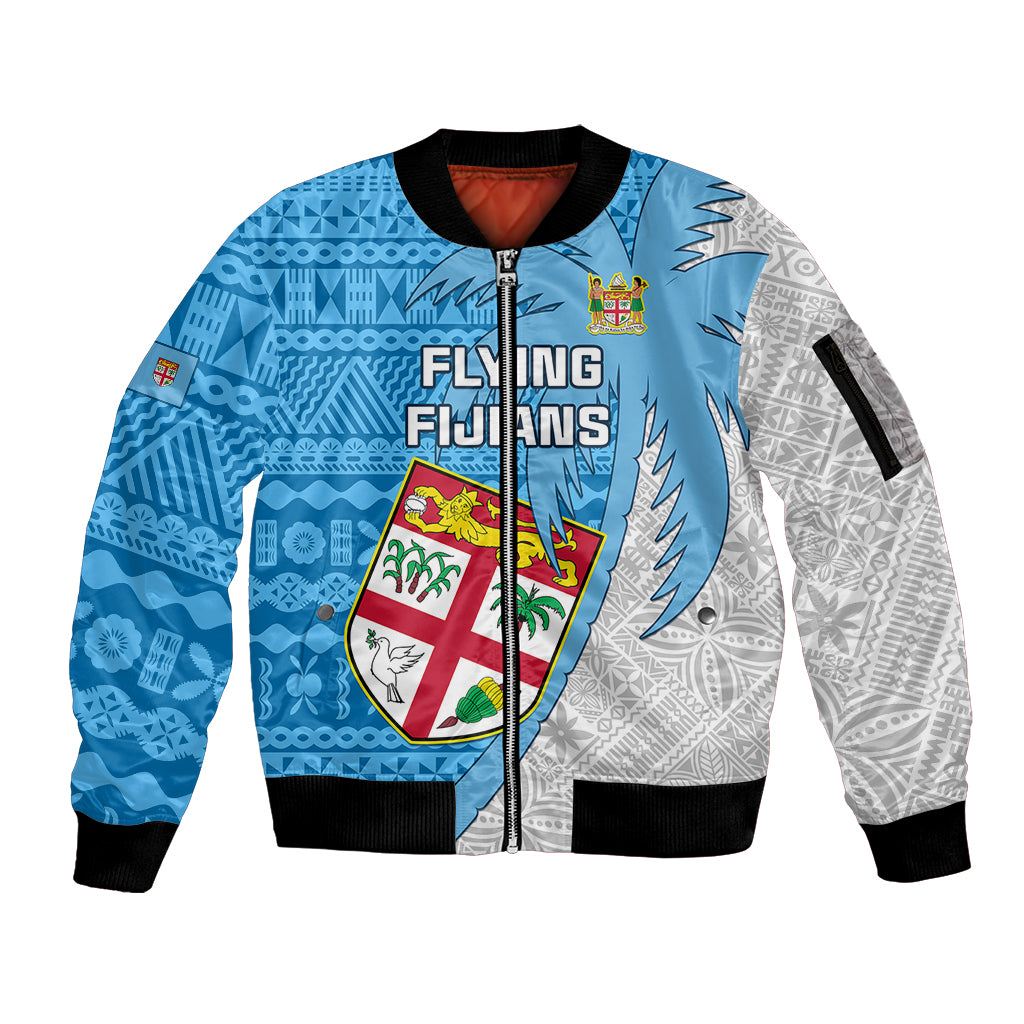 Custom Fiji Rugby Sleeve Zip Bomber Jacket Come On Fijian Tapa Pattern LT01 Unisex Blue - Polynesian Pride