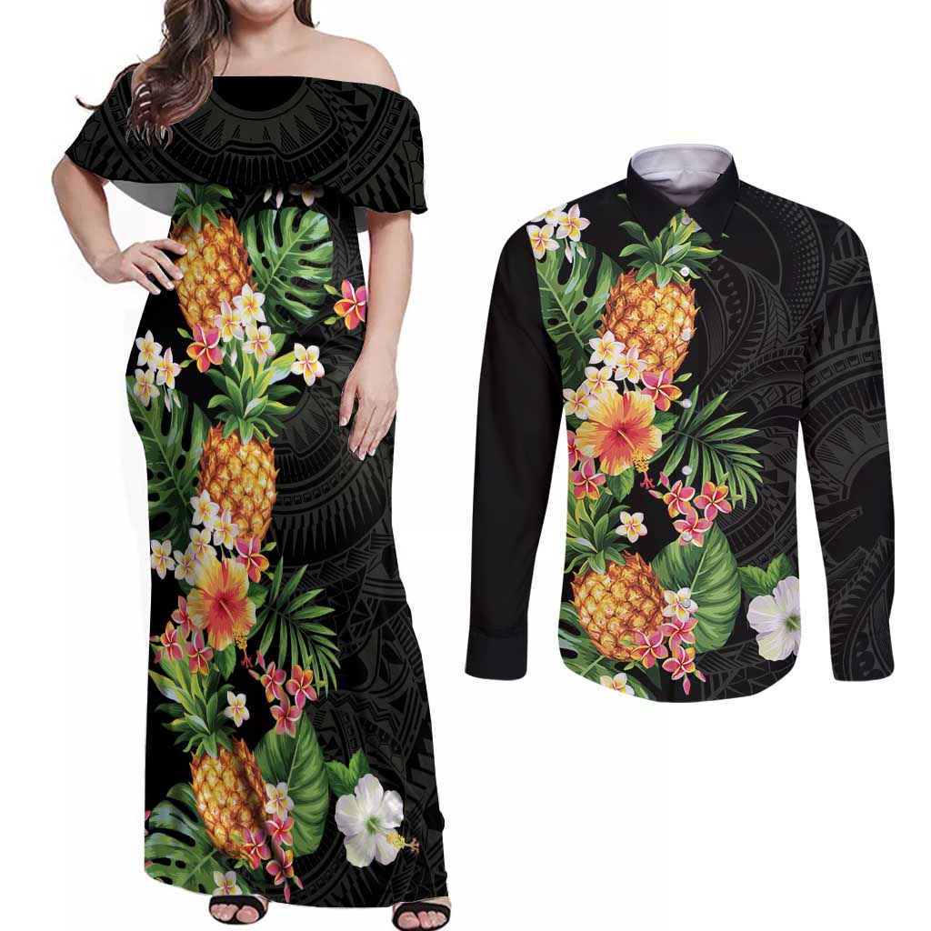 Hawaii Pineapple Tropical Couples Matching Off Shoulder Maxi Dress and Long Sleeve Button Shirt Colorful Hibiscus Plumeria