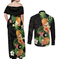 Hawaii Pineapple Tropical Couples Matching Off Shoulder Maxi Dress and Long Sleeve Button Shirt Colorful Hibiscus Plumeria
