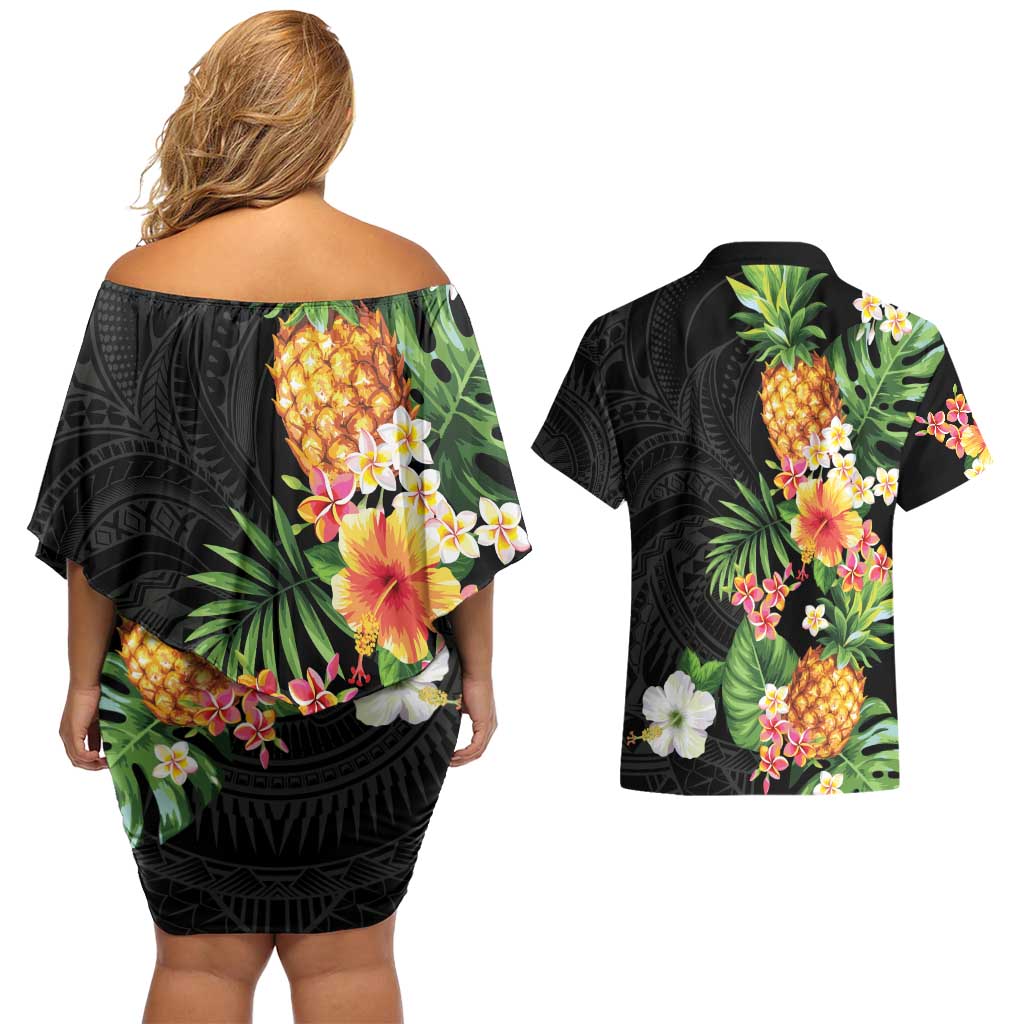Hawaii Pineapple Tropical Couples Matching Off Shoulder Short Dress and Hawaiian Shirt Colorful Hibiscus Plumeria