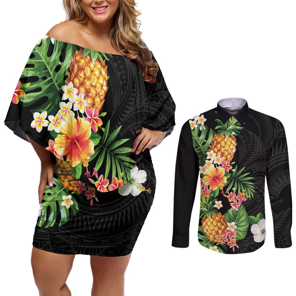 Hawaii Pineapple Tropical Couples Matching Off Shoulder Short Dress and Long Sleeve Button Shirt Colorful Hibiscus Plumeria