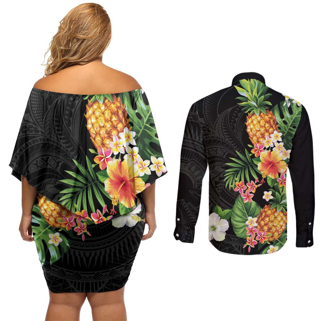 Hawaii Pineapple Tropical Couples Matching Off Shoulder Short Dress and Long Sleeve Button Shirt Colorful Hibiscus Plumeria