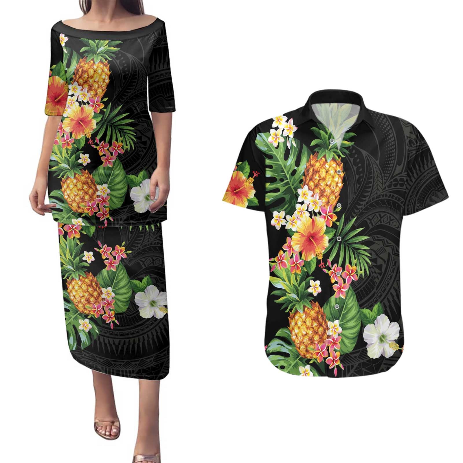 Hawaii Pineapple Tropical Couples Matching Puletasi and Hawaiian Shirt Colorful Hibiscus Plumeria