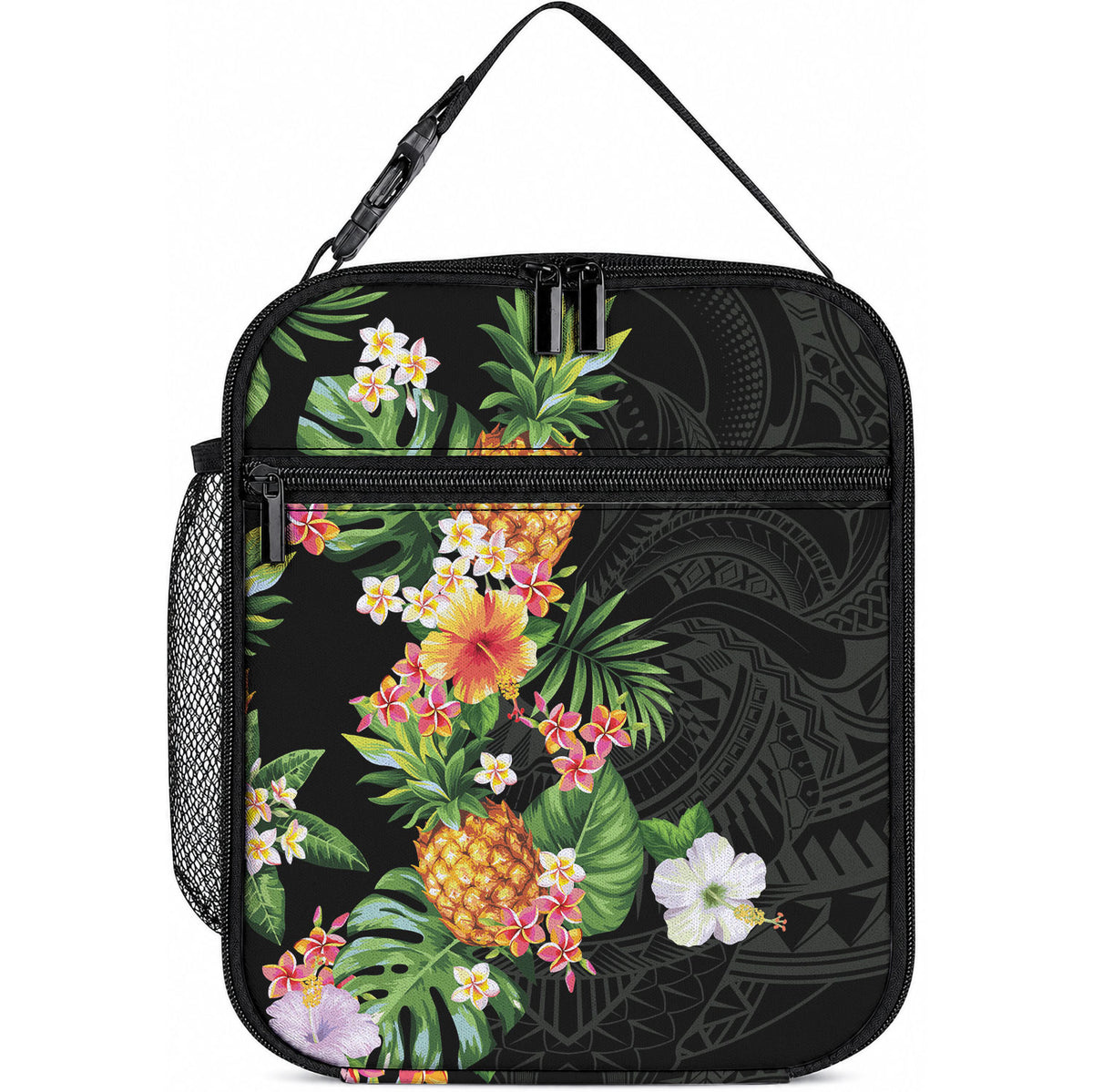 Hawaii Pineapple Tropical Lunch Bag Colorful Hibiscus Plumeria LT01 10.2 × 8.3 × 4.3 inch Black - Polynesian Pride