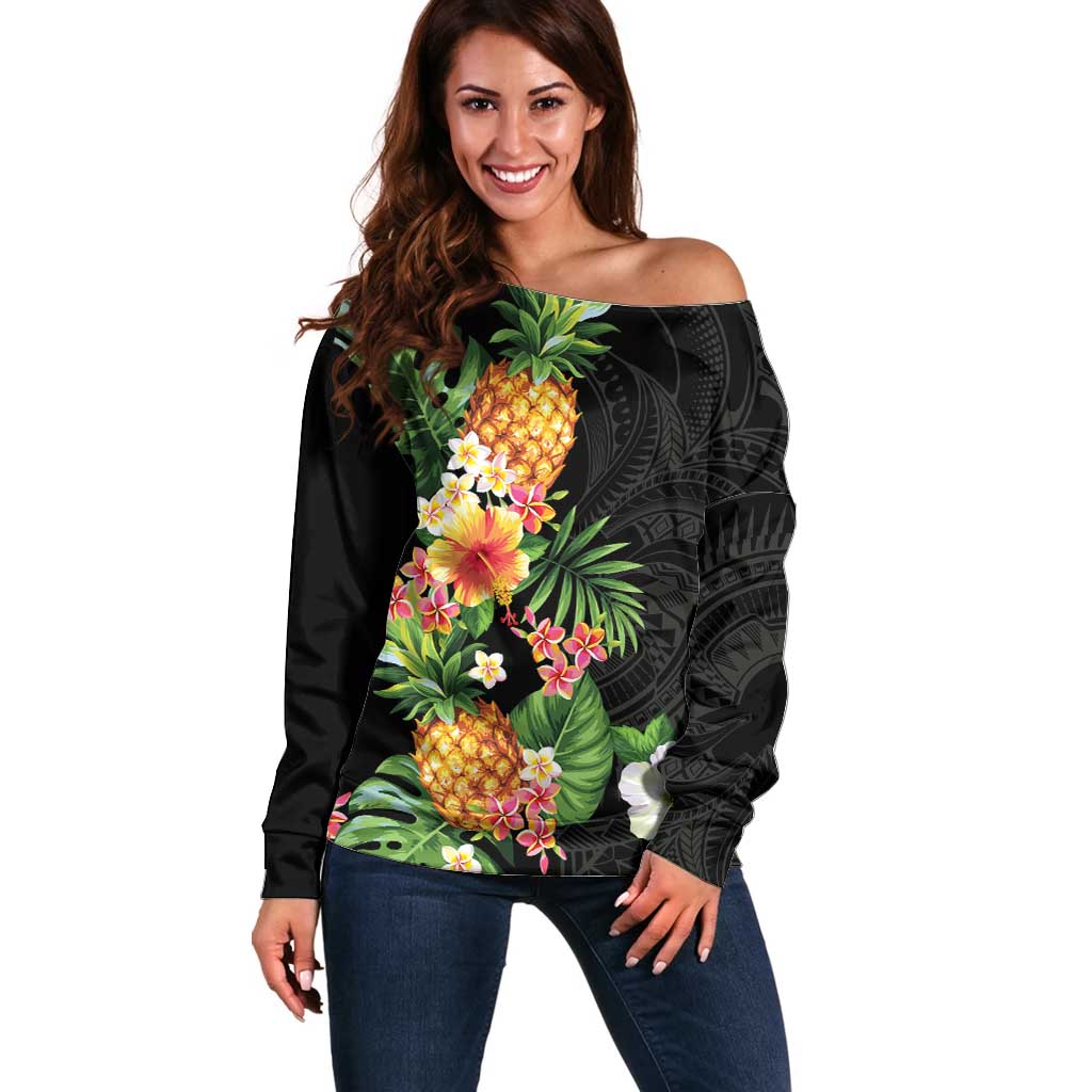 Hawaii Pineapple Tropical Off Shoulder Sweater Colorful Hibiscus Plumeria