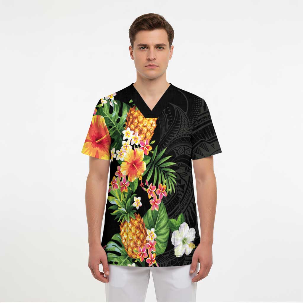 Hawaii Pineapple Tropical Scrub Top Colorful Hibiscus Plumeria - Polynesian Pride