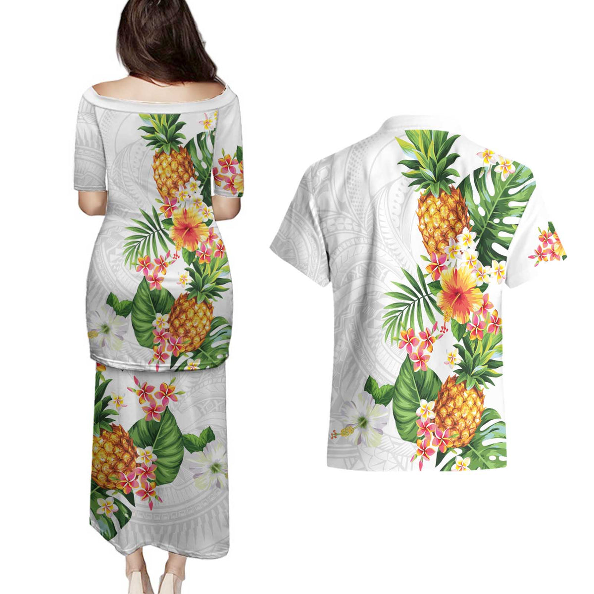 Hawaii Pineapple Tropical Couples Matching Puletasi and Hawaiian Shirt Luminous Hibiscus Plumeria