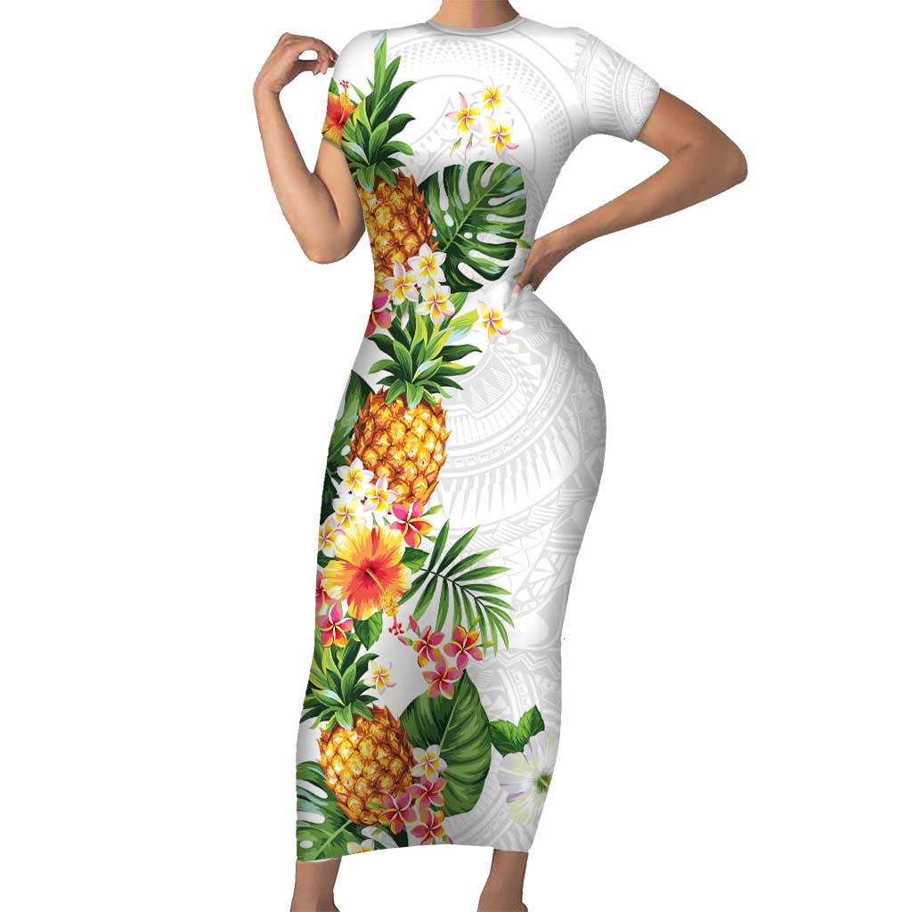 Hawaii Pineapple Tropical Short Sleeve Bodycon Dress Luminous Hibiscus Plumeria