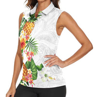 Hawaii Pineapple Tropical Women Sleeveless Polo Shirt Luminous Hibiscus Plumeria