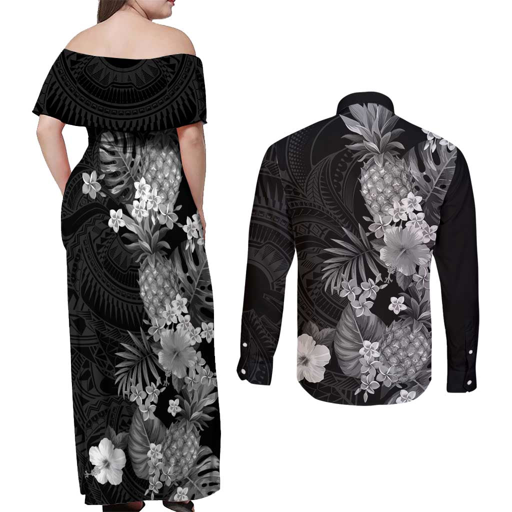 Hawaii Pineapple Tropical Couples Matching Off Shoulder Maxi Dress and Long Sleeve Button Shirt Neutral Hibiscus Plumeria
