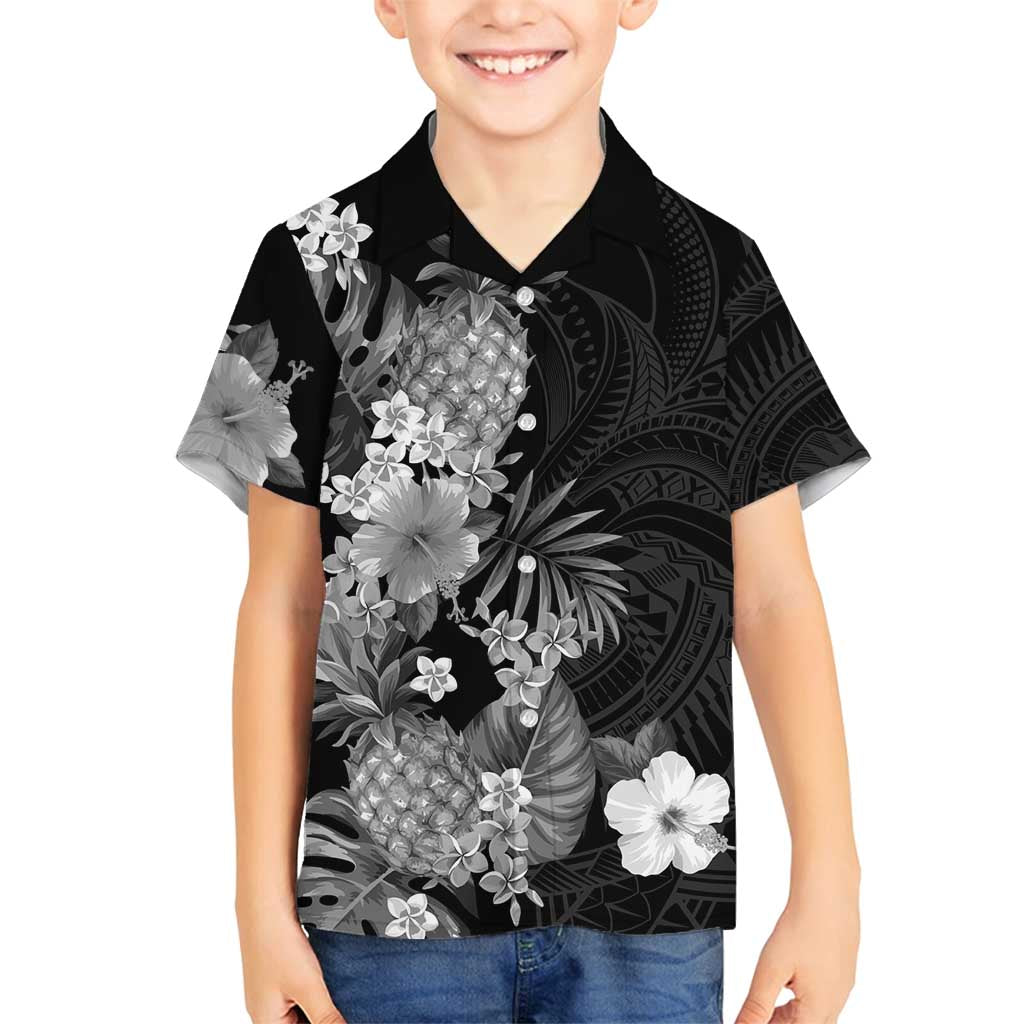 Hawaii Pineapple Tropical Family Matching Long Sleeve Bodycon Dress and Hawaiian Shirt Neutral Hibiscus Plumeria LT01 Son's Shirt Black - Polynesian Pride