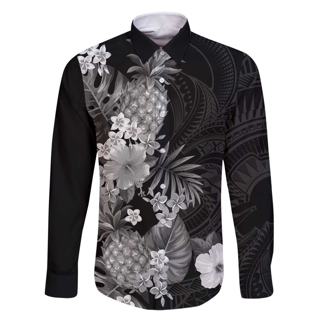 Hawaii Pineapple Tropical Family Matching Mermaid Dress and Hawaiian Shirt Neutral Hibiscus Plumeria LT01 Dad's Shirt - Long Sleeve Black - Polynesian Pride