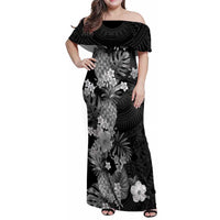 Hawaii Pineapple Tropical Family Matching Off Shoulder Maxi Dress and Hawaiian Shirt Neutral Hibiscus Plumeria