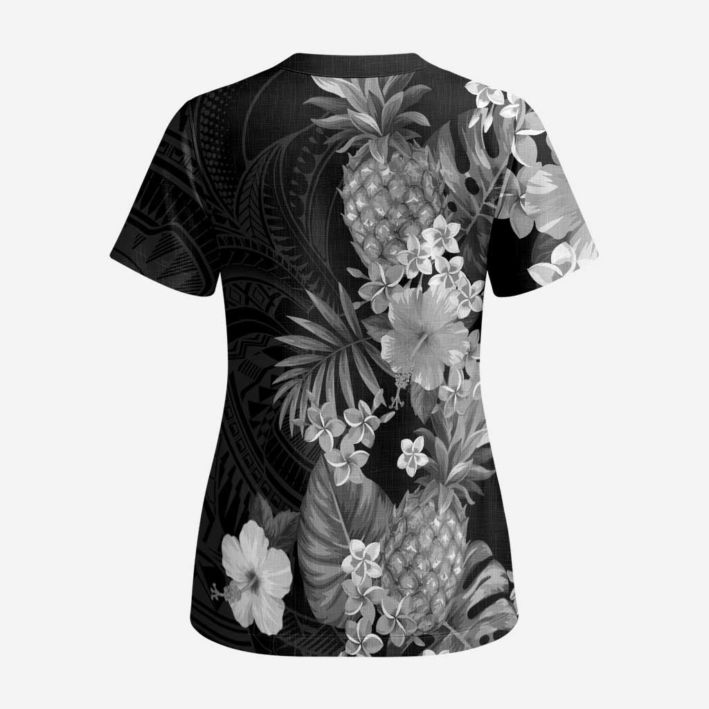 Hawaii Pineapple Tropical Scrub Top Neutral Hibiscus Plumeria - Polynesian Pride