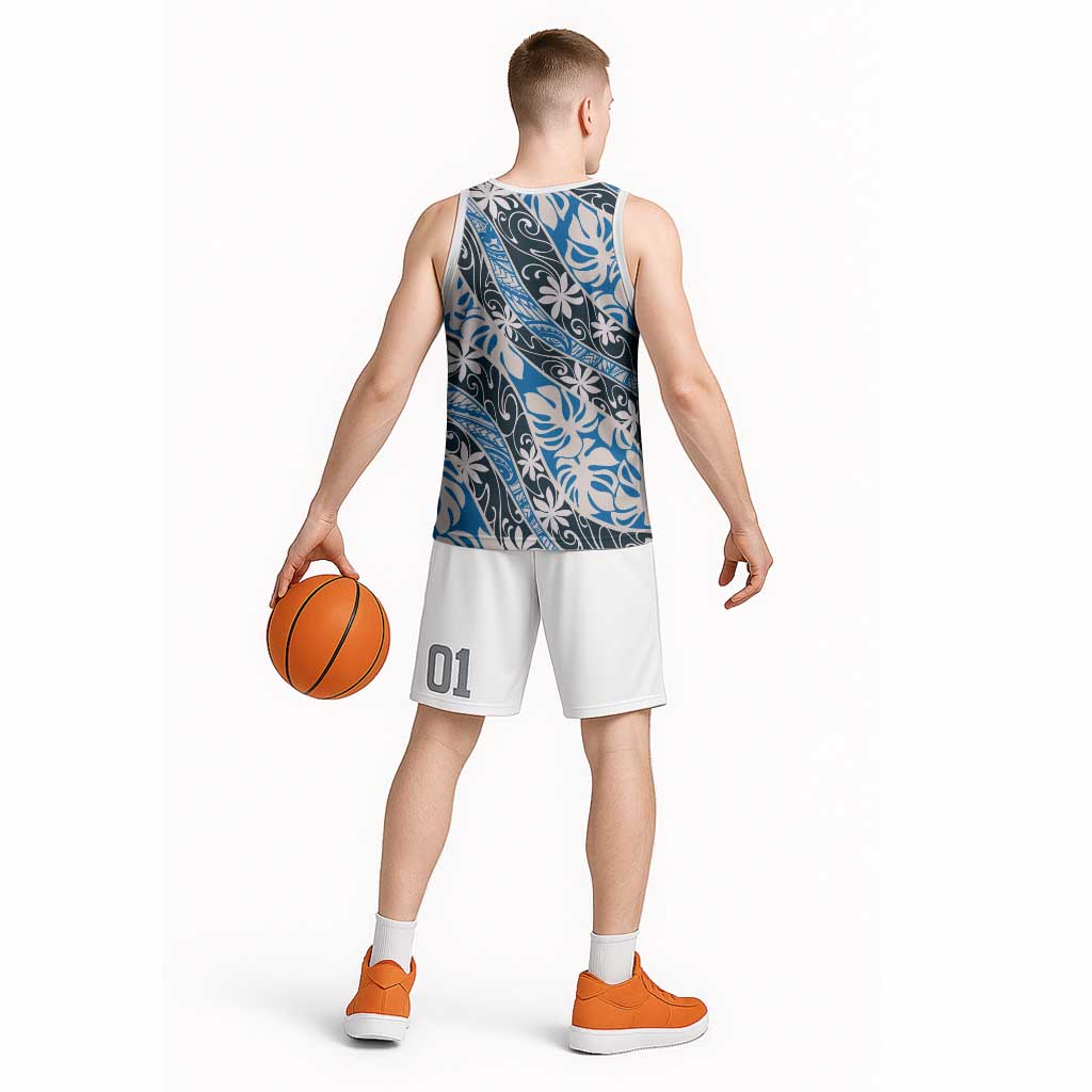 Ninamu Tahiti Tiare Monstera Basketball Jersey Polynesian Pattern Curve Style - Polynesian Pride