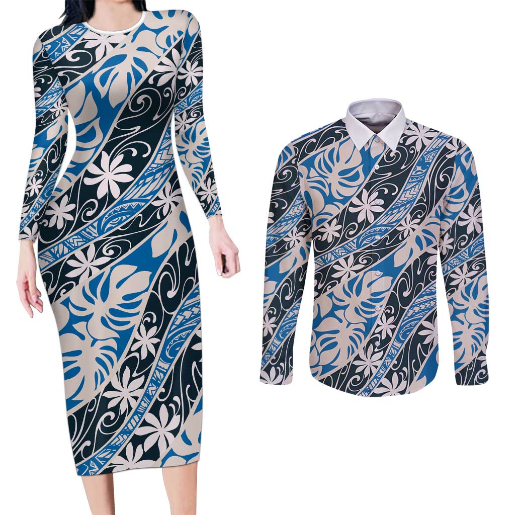 Ninamu Tahiti Tiare Monstera Couples Matching Long Sleeve Bodycon Dress and Long Sleeve Button Shirt Polynesian Pattern Curve Style LT01 Blue - Polynesian Pride