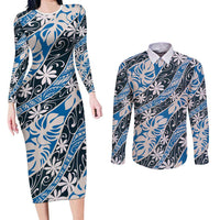 Ninamu Tahiti Tiare Monstera Couples Matching Long Sleeve Bodycon Dress and Long Sleeve Button Shirt Polynesian Pattern Curve Style LT01 Blue - Polynesian Pride