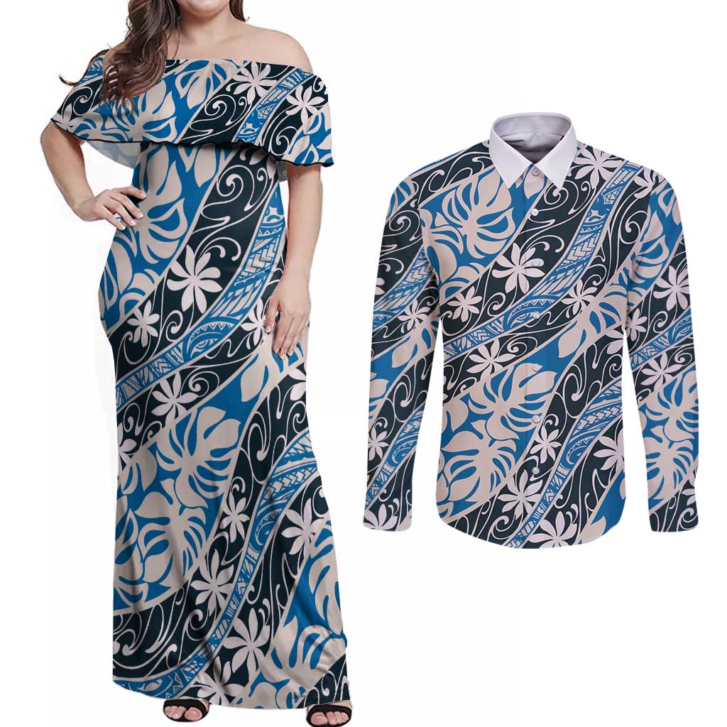 Ninamu Tahiti Tiare Monstera Couples Matching Off Shoulder Maxi Dress and Long Sleeve Button Shirt Polynesian Pattern Curve Style LT01 Blue - Polynesian Pride
