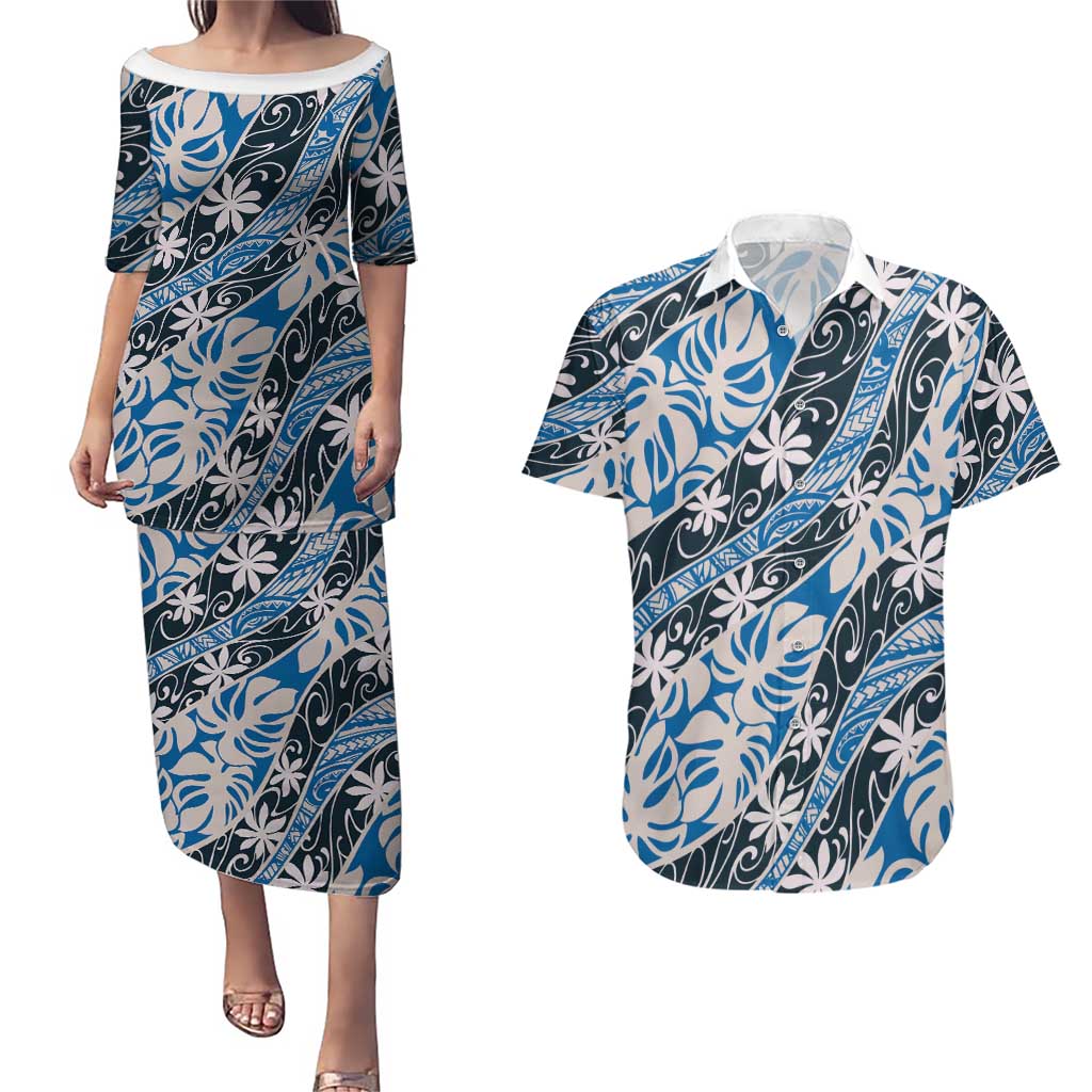 Ninamu Tahiti Tiare Monstera Couples Matching Puletasi and Hawaiian Shirt Polynesian Pattern Curve Style - Polynesian Pride