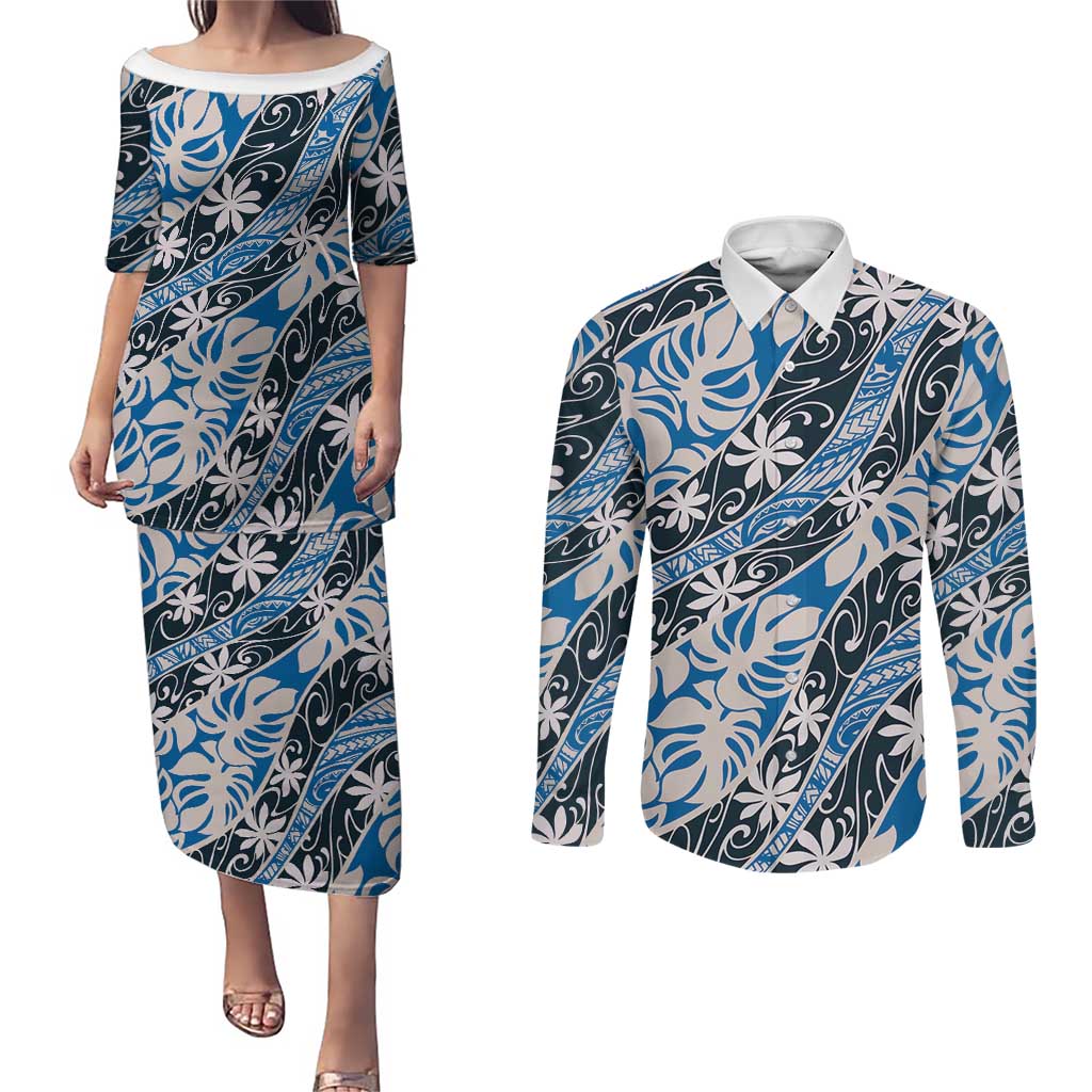 Ninamu Tahiti Tiare Monstera Couples Matching Puletasi and Long Sleeve Button Shirt Polynesian Pattern Curve Style LT01 Blue - Polynesian Pride