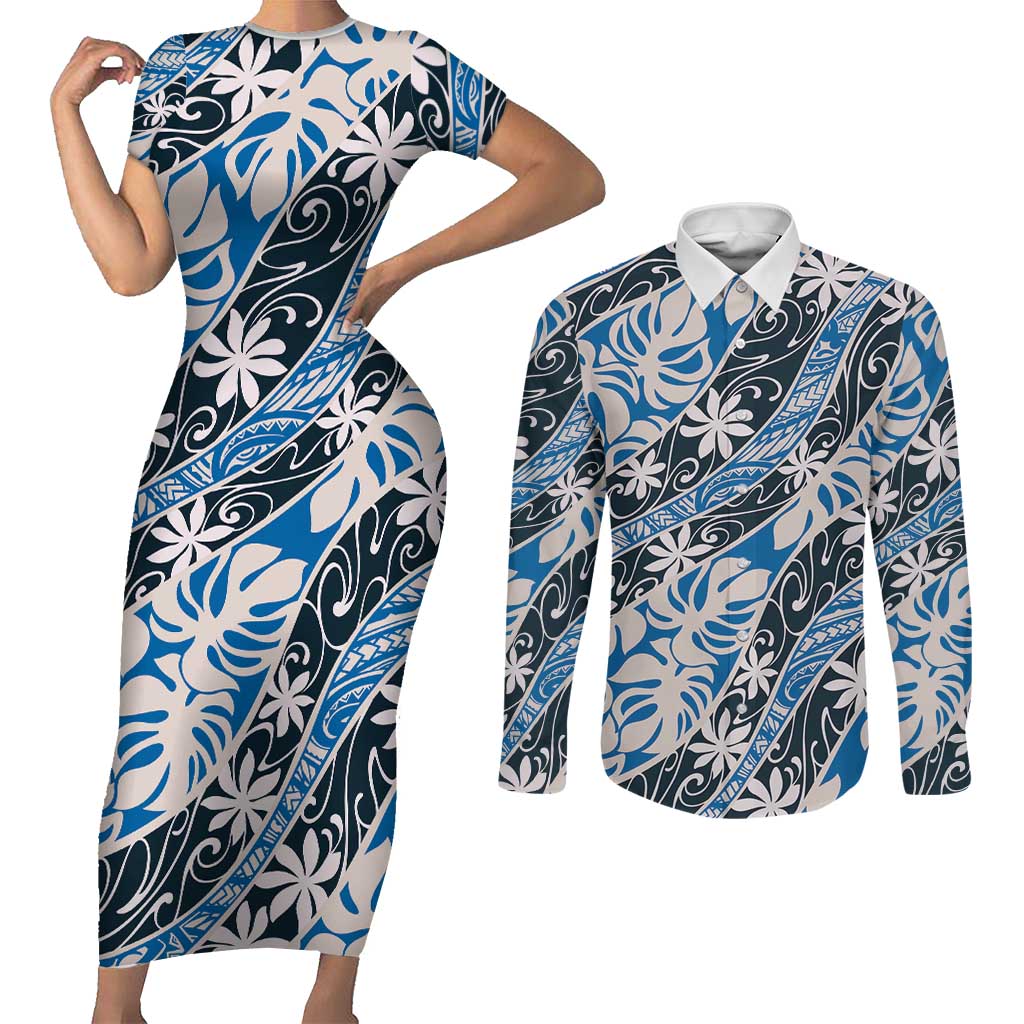 Ninamu Tahiti Tiare Monstera Couples Matching Short Sleeve Bodycon Dress and Long Sleeve Button Shirt Polynesian Pattern Curve Style LT01 Blue - Polynesian Pride