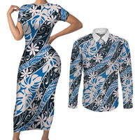Ninamu Tahiti Tiare Monstera Couples Matching Short Sleeve Bodycon Dress and Long Sleeve Button Shirt Polynesian Pattern Curve Style LT01 Blue - Polynesian Pride