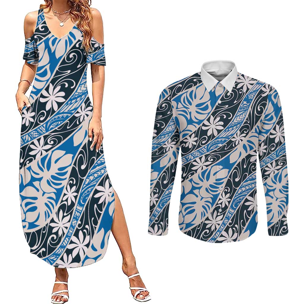 Ninamu Tahiti Tiare Monstera Couples Matching Summer Maxi Dress and Long Sleeve Button Shirt Polynesian Pattern Curve Style - Polynesian Pride
