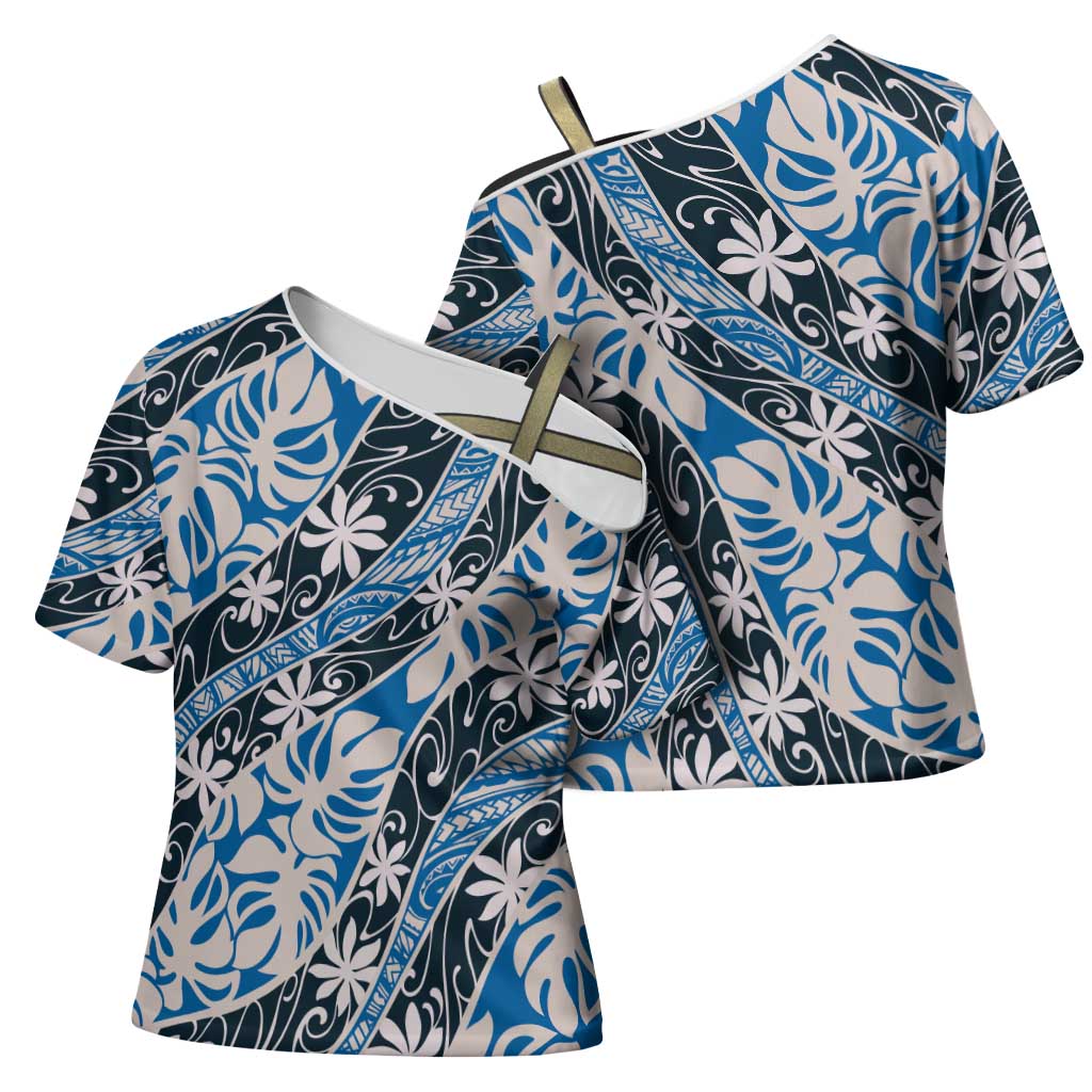 Ninamu Tahiti Tiare Monstera Cross Shoulder Shirt Polynesian Pattern Curve Style LT01 - Polynesian Pride