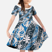 Ninamu Tahiti Tiare Monstera Family Matching Puletasi and Hawaiian Shirt Polynesian Pattern Curve Style LT01 Daughter's Dress Blue - Polynesian Pride