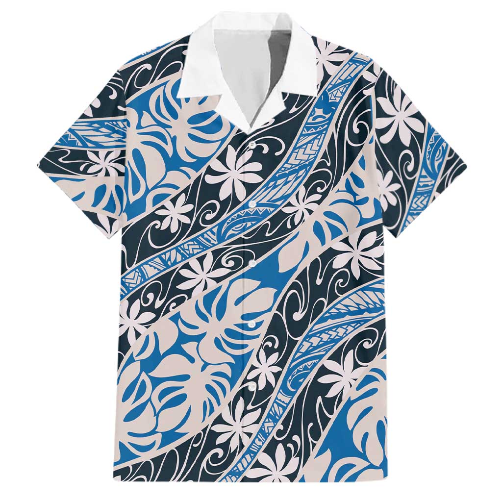 Ninamu Tahiti Tiare Monstera Family Matching Puletasi and Hawaiian Shirt Polynesian Pattern Curve Style LT01 Dad's Shirt - Short Sleeve Blue - Polynesian Pride