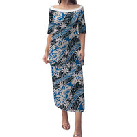 Ninamu Tahiti Tiare Monstera Family Matching Puletasi and Hawaiian Shirt Polynesian Pattern Curve Style LT01 Mom's Dress Blue - Polynesian Pride