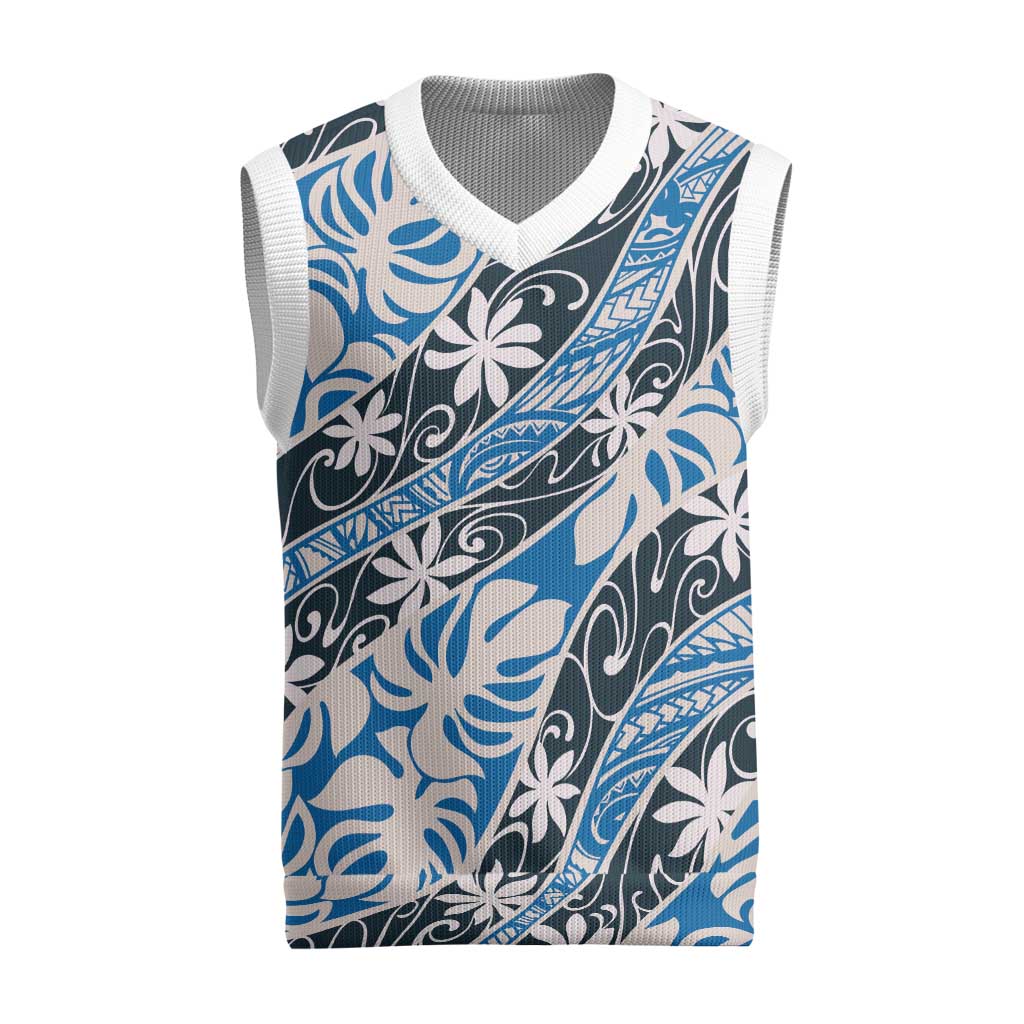 Ninamu Tahiti Tiare Monstera Christmas Knitted V-Neck Vest Polynesian Pattern Curve Style LT01 Blue - Polynesian Pride