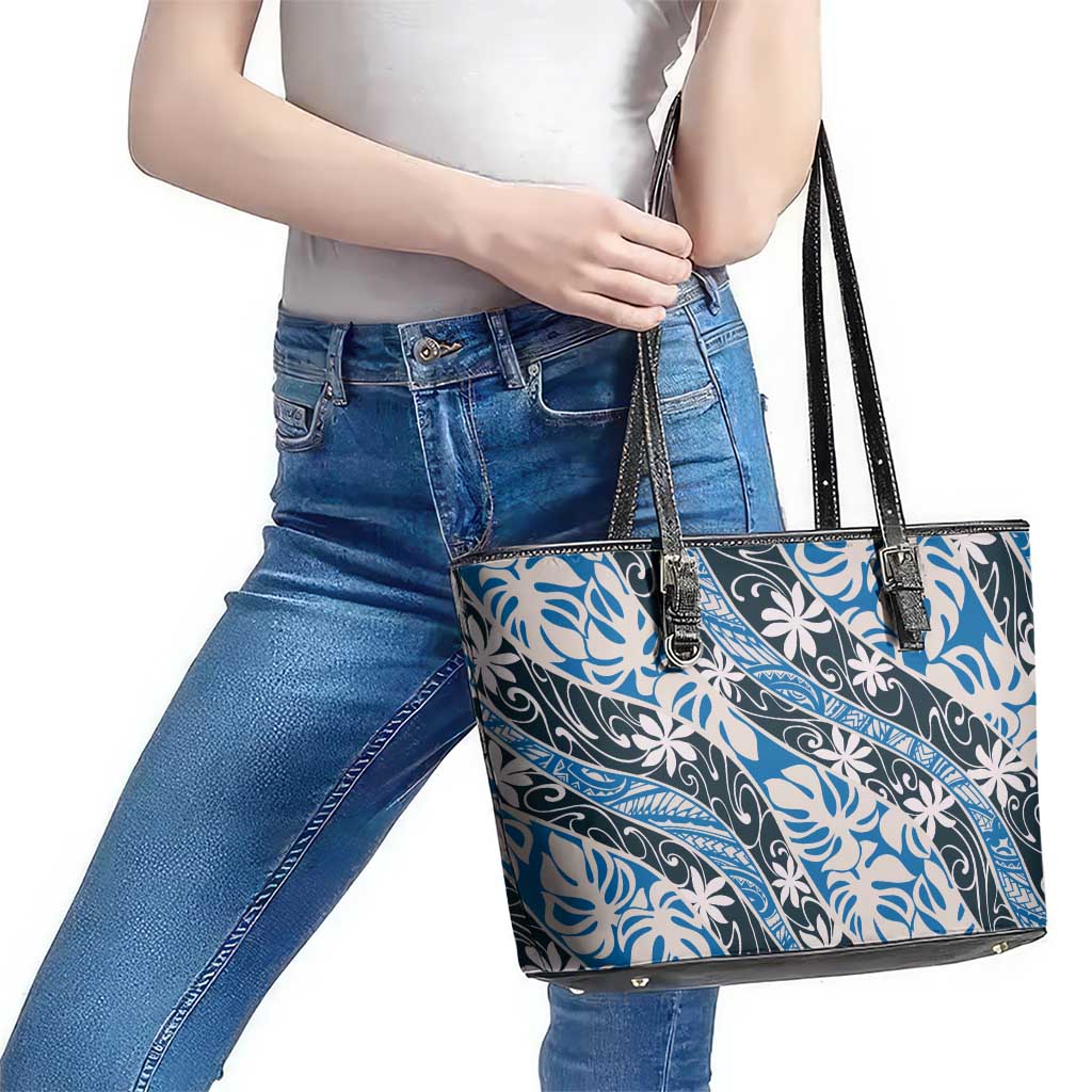 Ninamu Tahiti Tiare Monstera Leather Tote Bag Polynesian Pattern Curve Style - Polynesian Pride