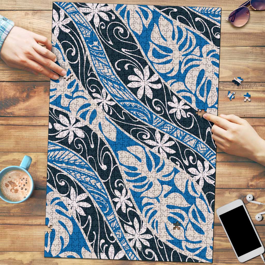 Ninamu Tahiti Tiare Monstera Puzzle Polynesian Pattern Curve Style LT01 Blue - Polynesian Pride