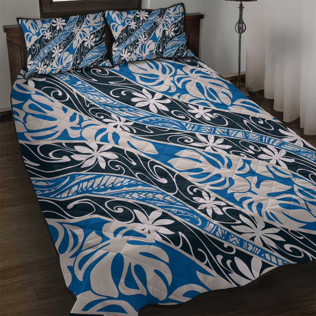 Ninamu Tahiti Tiare Monstera Quilt Bed Set Polynesian Pattern Curve Style LT01 Blue - Polynesian Pride