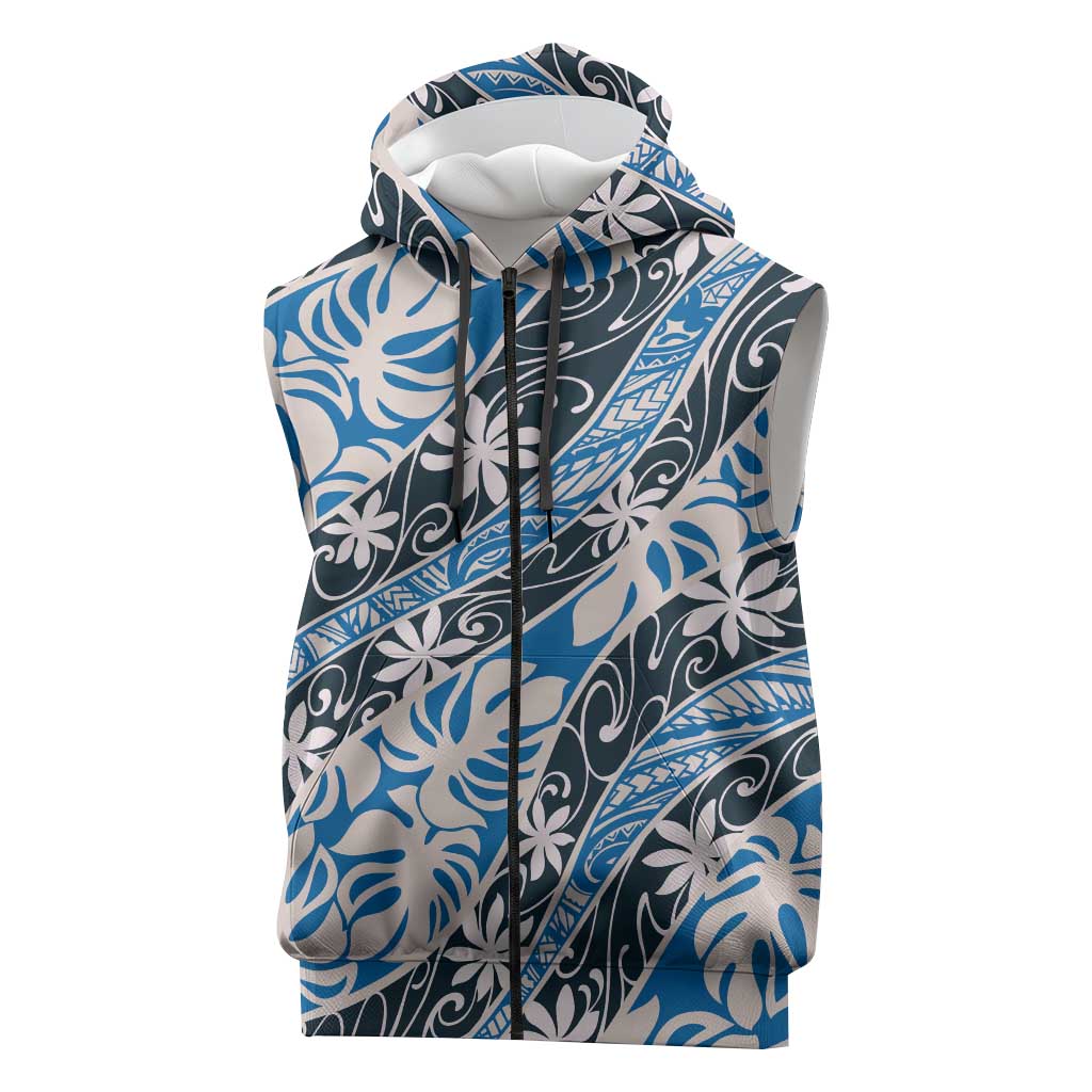 Ninamu Tahiti Tiare Monstera Sleeveless Zip Hoodie Polynesian Pattern Curve Style LT01 Blue - Polynesian Pride