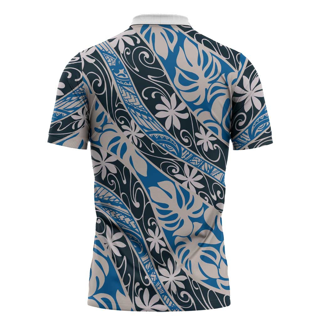 Ninamu Tahiti Tiare Monstera Zipper Polo Shirt Polynesian Pattern Curve Style - Polynesian Pride
